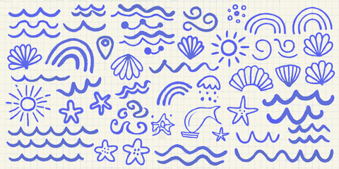 Collection of blue hand drawn summer and ocean icons waves shells and rainbow doodles © Ramanath