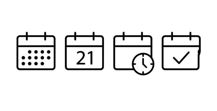 Four black and white calendar icons with different symbols on a white background for organization and planning purposes daily