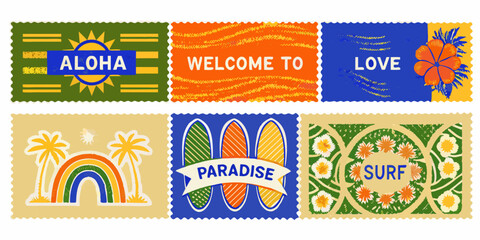 Collection of colorful tropical themed postage stamps with floral and text designs isolated on white © Ramanath