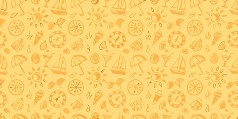 Yellow line art pattern of travel themed doodles including sailboats suns and ice cream cones © Ramanath