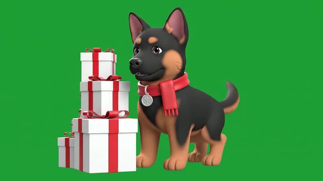 Cheerful Cartoon-Style German Shepherd Dog With Red Scarf Next To Wrapped Presents On Green Background