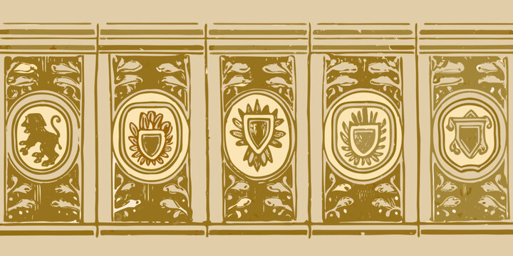 Gold and cream heraldic frames pattern with lion shield and floral crests decorative vector illustration