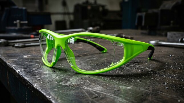 Industrial safety glasses with a clear scratch-resistant lens and bright neon green protective frames resting on a dark steel workbench.