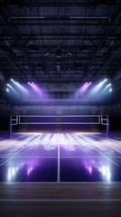 Fototapeta premium Illuminated volleyball court with dramatic lighting effects in a gymnasium.