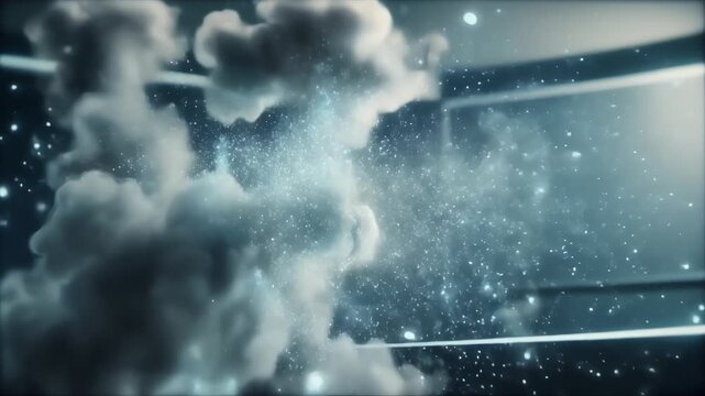A futuristic interior with swirling dark clouds and scattered light particles in a metallic chamber