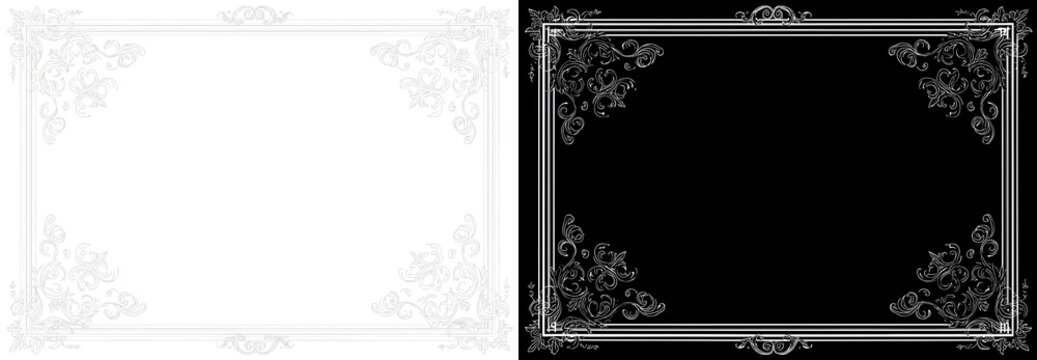 Ornate silver decorative frame with classic baroque luxury detailing isolated on split background.
