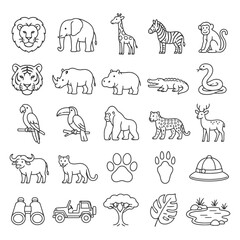 Obraz premium Safari animal icons: lions, elephants, giraffes, zebras, and more in outline style.
