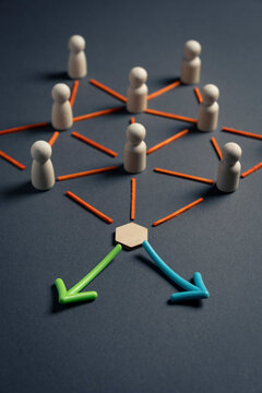 Wooden pawns in a business network split into blue and green choice paths