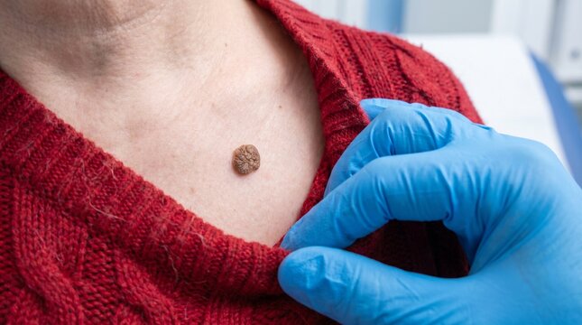 Dermatological examination of skin mole on chest, doctor checking suspicious nevus with blue gloves, medical screening for melanoma and skin cancer