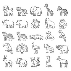 Fototapeta premium Outline illustrations of various wild animals.