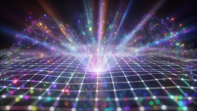 A futuristic neon grid extends into a glowing horizon; multicolored particles shimmer above a checkerboard plane, merging into a radiant aurora of lines, dots, and soft waves across the dark backdrop