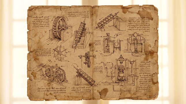 Vintage Leonardo da Vinci style sketches on aged parchment, antique engineering diagrams on weathered paper, historical scientific inventions
