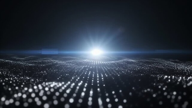 A futuristic nightscape of glowing white dots forming waves toward a bright horizon flare, distant!!