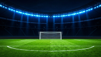 Professional soccer stadium at night vector illustration featuring empty goal post on green grass field and bright stadium lights in background for sports advertising. © SWEET