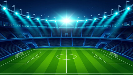 Professional soccer arena vector illustration at night with wide empty field and bright floodlights reflecting on turf for sports events and stadium management concepts. © SWEET
