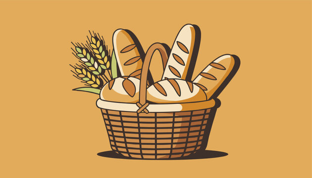 Assorted artisan bread loaves and wheat stalks tucked into a traditional wicker basket against a warm orange background in vector style.