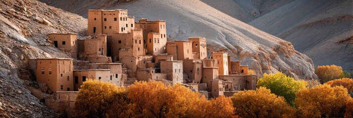 Obraz premium Ancient mud-brick village nestled in mountains during autumn season.