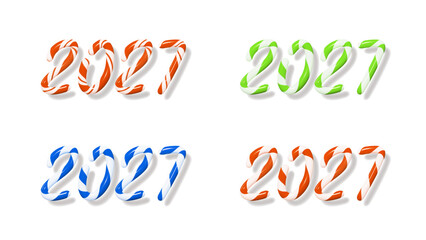 Obraz premium 2027 Happy New Year logo set in candy cane style. 2027 Happy New Year symbol collection with 3d numbers made from stripes. Vector 2027 New Year labels for card, brochure, cover, ads, branding.