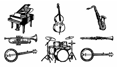 Black and White Jazz Musical Instruments Collection with Saxophone Piano Trumpet and Drum Kit Vector Set © MstLutfa