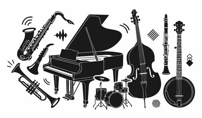 Minimalist Black and White Jazz Instrument Vector Set with Saxophone Trumpet Piano and Bass © MstLutfa