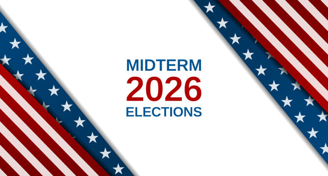 Abstract concept background with layered red white and blue American flag stars and stripes for USA 2026 midterm elections political campaign. USA flag colors vector design