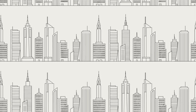 Minimalist seamless pattern featuring the outlined silhouettes of various modern city skyscrapers in a repeating row.