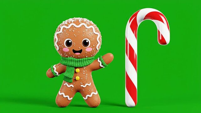 Cheerful Gingerbread Man Character With Green Scarf Beside Striped Candy Cane On Green Studio Background For Holiday Cheer