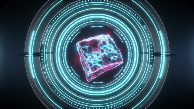 A glowing, futuristic square core radiates teal and magenta within concentric rings, set against a dark, spacey background; an energetic field surrounds the crystalline microcube at the center.