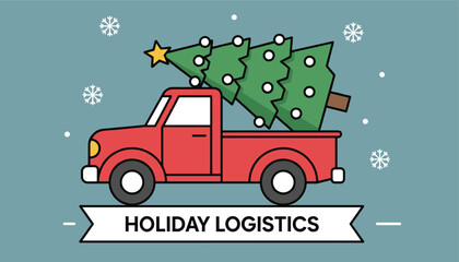 Obraz premium Festive red pickup truck hauls a green Christmas tree decorated with white lights through a snowy winter landscape at night.