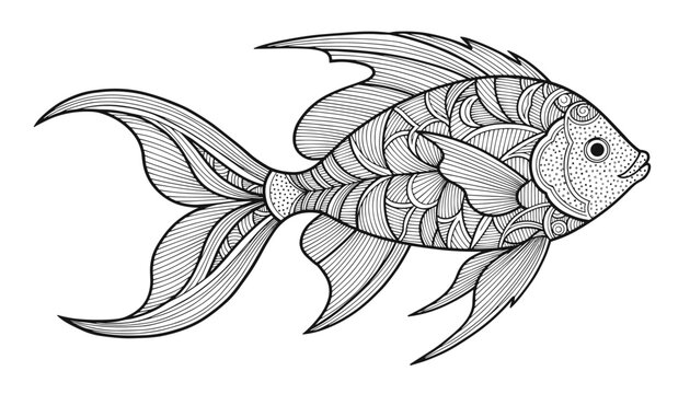 Elegant black and white line art engraving features a fancy goldfish decorated with intricate geometric patterns on its scales and fins.