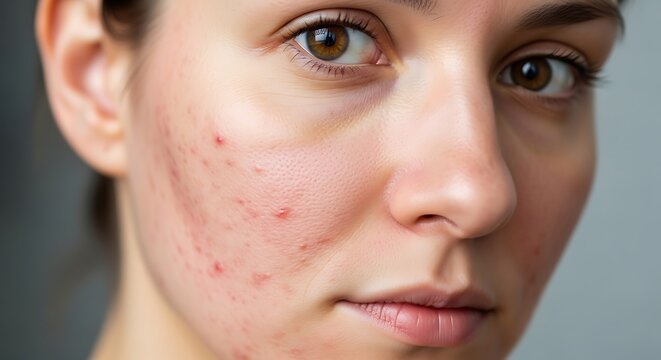 Young Woman with Acne Looking at Camera in Close Up Skincare Portrait