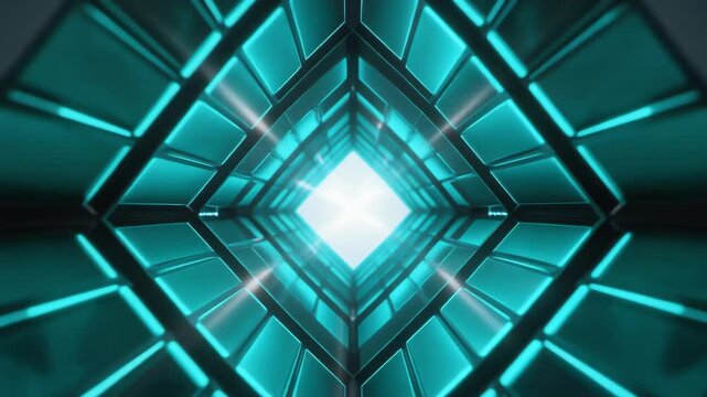 A glowing geometric diamond with teal neon facets centers a bright core amid blurred shelves. inside
