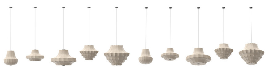 Comprehensive catalog collection of scandinavian style hanging lamps with wavy pleated canvas or paper shades in a soft cream fabric texture. Isolated 3D illustration. © Tohid Hashemkhani