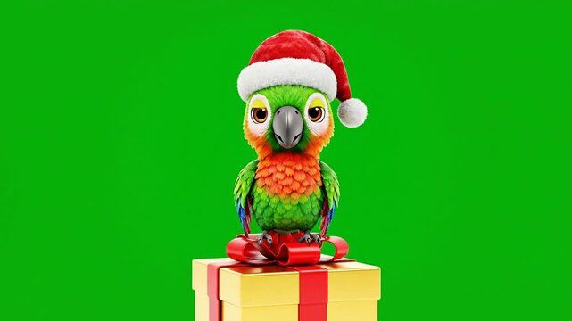 Cheerful Parrot With Santa Hat Perched On Gift Box Isolated Against Bright Green Screen Background For Christmas Theme