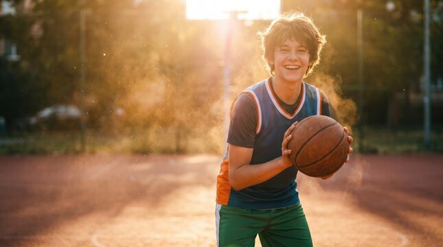 teenage boy smiles holding a basketball surrounded by exploding dust particles during a golden sunset outdoor court