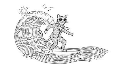 Fototapeta premium Humorous black and white engraving features a dapper cat in a business suit and sunglasses surfing skillfully on a large ocean wave.