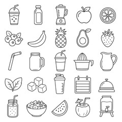 Obraz premium Black and white icons of juices, fruits, and smoothie ingredients.