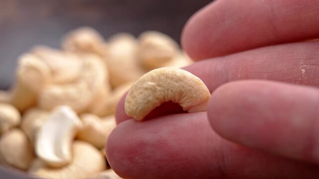 Macro shot of a single raw cashew nut held between fingers. Concept of nutritious snacks