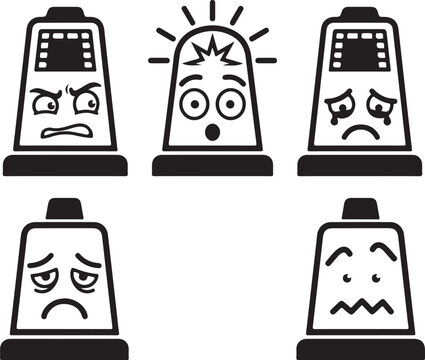 Siren icon set. Emergency light character icons. Police flasher vector collection. Warning alert emoji set. Black and white minimalist siren characters. Surprised worried sad scared siren faces. Flat 