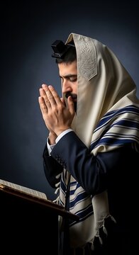 Devout Jewish Man Praying with Tallit and Tefillin in Dark Studio Setting