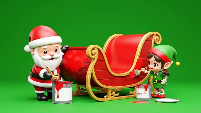 Cheerful Santa Claus and Elf Painting a Bright Red Sleigh on a Vibrant Green Background in a Whimsical Holiday Scene