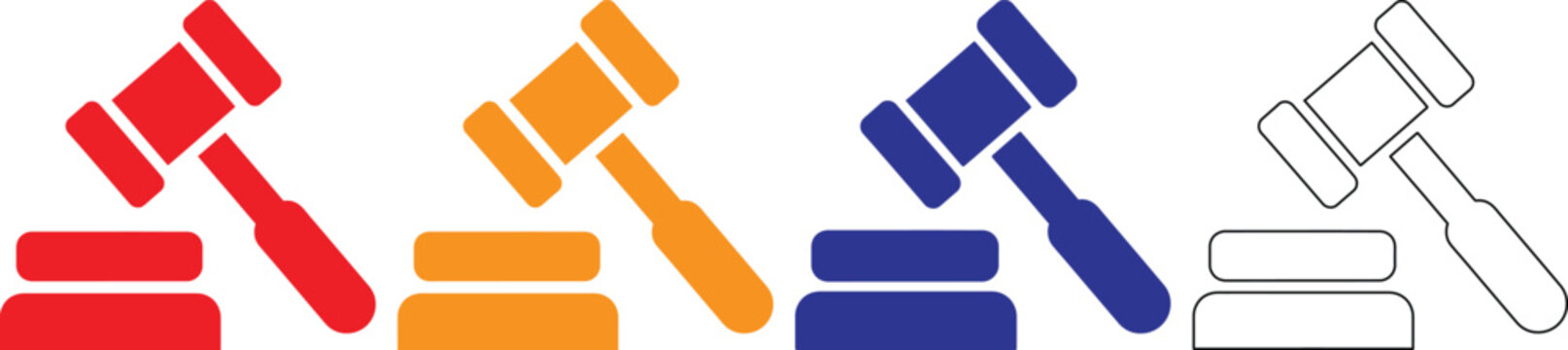 Colorful gavel and block icons in red orange blue and gray on white background for law and justice concepts  various colored judicial symbols