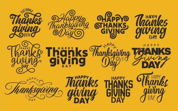 Happy Thanksgiving Day vector typography set. Thanksgiving Day hand lettering badges and labels. Perfect for Autumn holidays t shirt, sticker, poster, banner, card. Balack text on yellow background