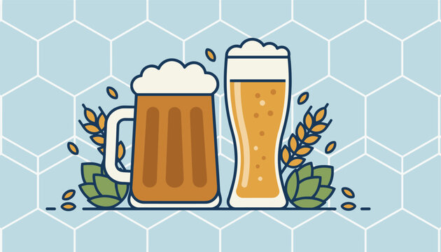 Detailed illustration of a beer mug and a tall pilsner glass filled with frothy beer accompanied by green hops and golden barley.