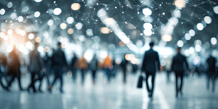 Blurred figures move through a bright, abstract space with a network overlay