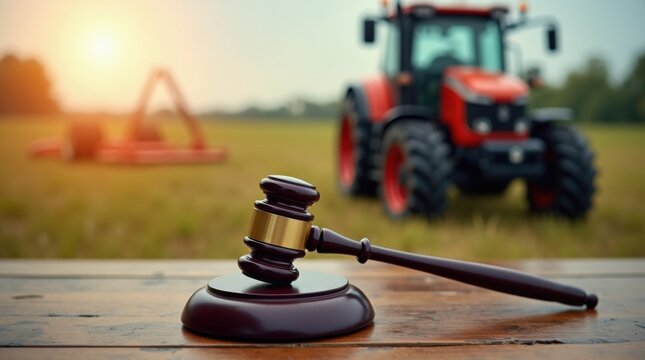 Gavel on Wooden Table with Tractor in Background at Sunset