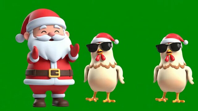 Cheerful Santa Claus Celebrating With Cool Chickens Wearing Sunglasses In Festive Santa Hats Against Vibrant Green Screen Background