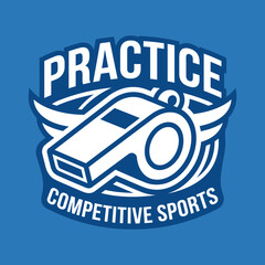 Fototapeta premium Practice and Competitive Sports Emblem with Whistle, Blue and White Badge Design