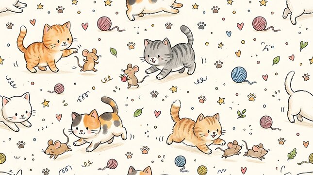 Playful Cartoon Cat and Mouse Pattern with Yarn Balls on Cream Background