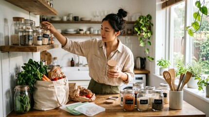 Fototapeta premium Young woman asia cooking in the kitchen. Healthy Food. Dieting Concept. Healthy Lifestyle. Cooking At Home. Prepare Food